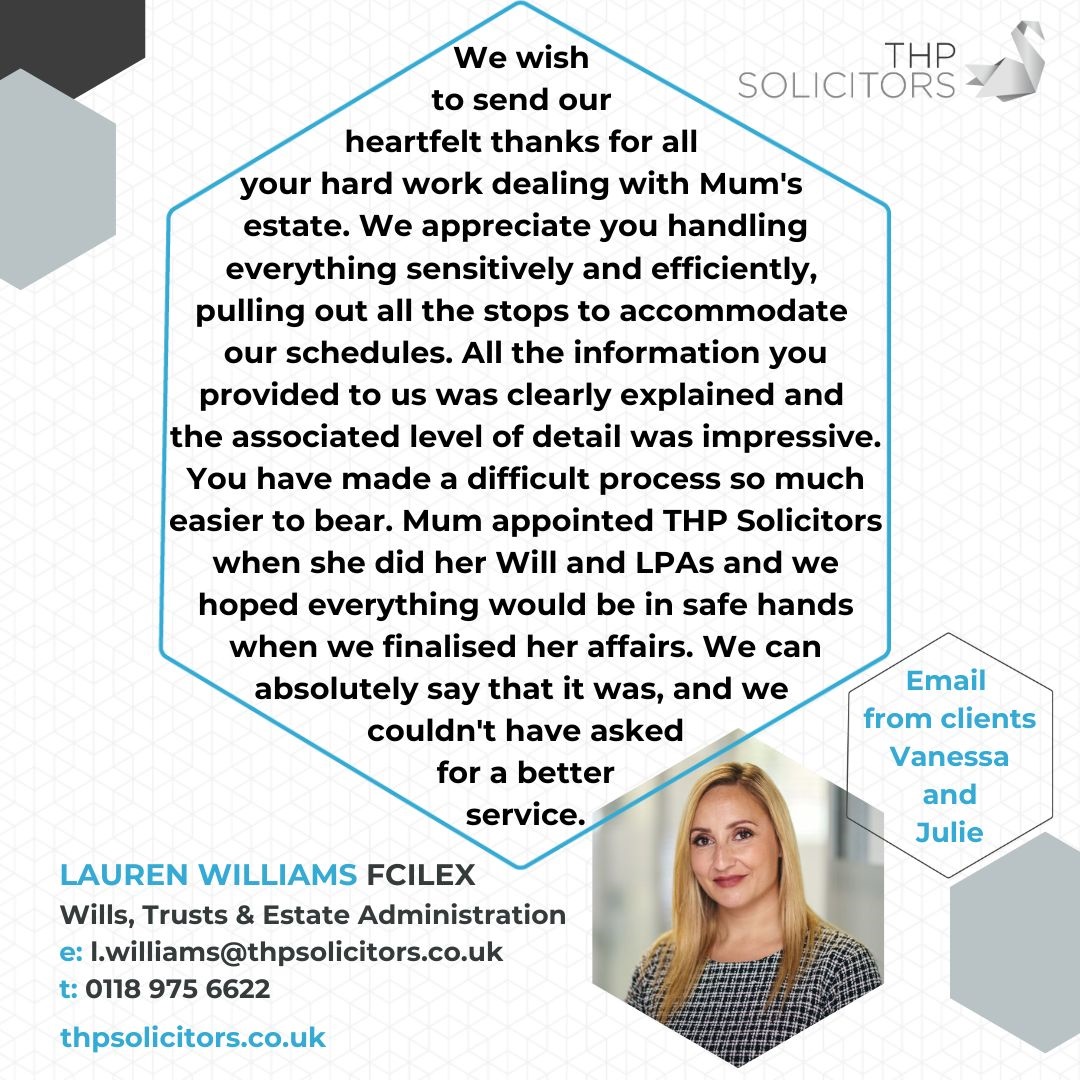thpsolicitors's tweet image. Wonderful feedback for Lauren Williams in our Wills, Trusts &amp;amp; Estates team who genuinely cares about her clients and always tries to make the legal process as smooth and as stress-free as possible, especially in emotional times.

#wills #lpas #probate #rdguk #henley
