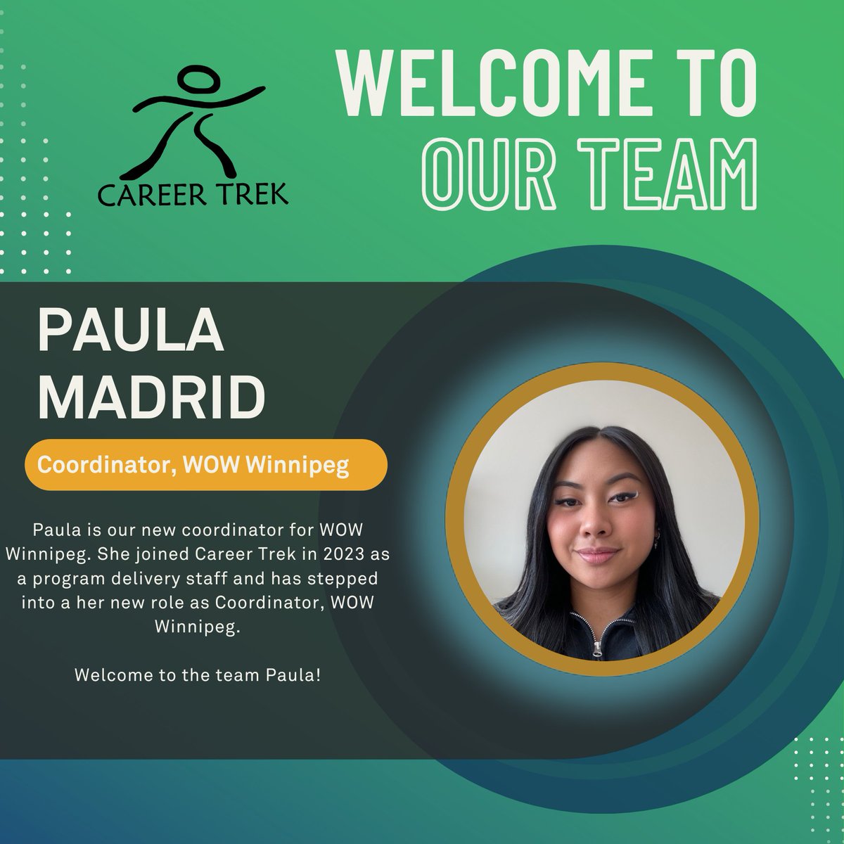 🚨 Meet Paula, our new WOW Winnipeg Coordinator! 🚨 

Paula joined Career Trek in 2023 as a Program Delivery staff and has now stepped into her new role. We can’t wait to see all the amazing things Paula will achieve with our WOW team!  

#MeetOurTeam #CareerTrek #WOWWinnipeg