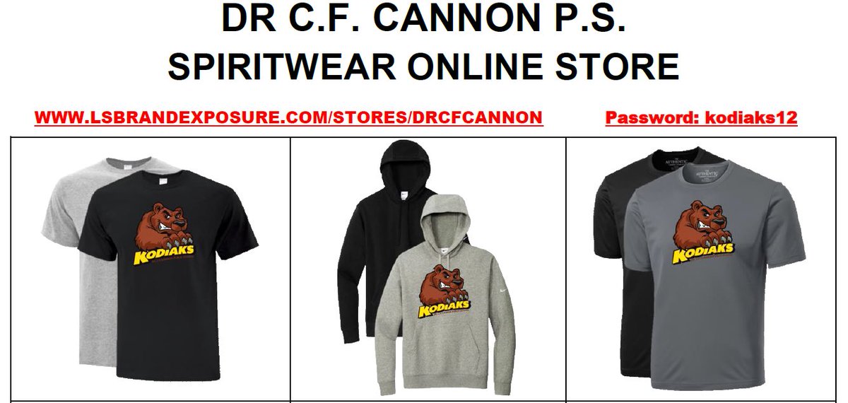 📣 Get Your Cannon Spirit Wear! 📣
Show your school pride and gear up for Cannon Spirit Day! Our school clothing online store is open now until November 3 – don’t miss out!
🛒 Shop here: lsbrandexposure.com/stores/drcfcan…
🔑 Password: kodiaks12