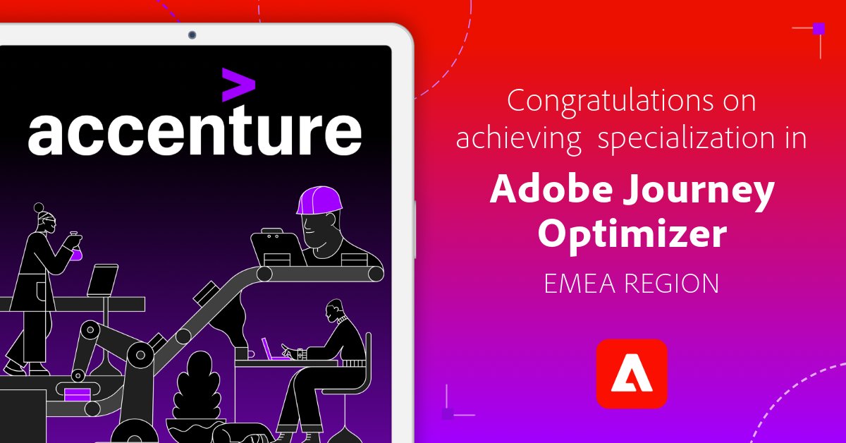 A major milestone for <a href="/Accenture/">Accenture</a> as they earn a new specialization in Adobe Journey Optimizer for the EMEA region! 📊✨

With 25 specializations across Experience Cloud, Accenture continues to set the standard in delivering seamless, personalized customer journeys. #AdobePartner