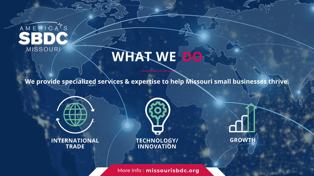 🌍 Expand your horizons! Our international trade services help Missouri businesses break into global markets. From market research to export strategy, we've got you covered. Learn more: ow.ly/AaeF50REJer #GlobalTrade #MissouriSBDC #SBDC #exportMO