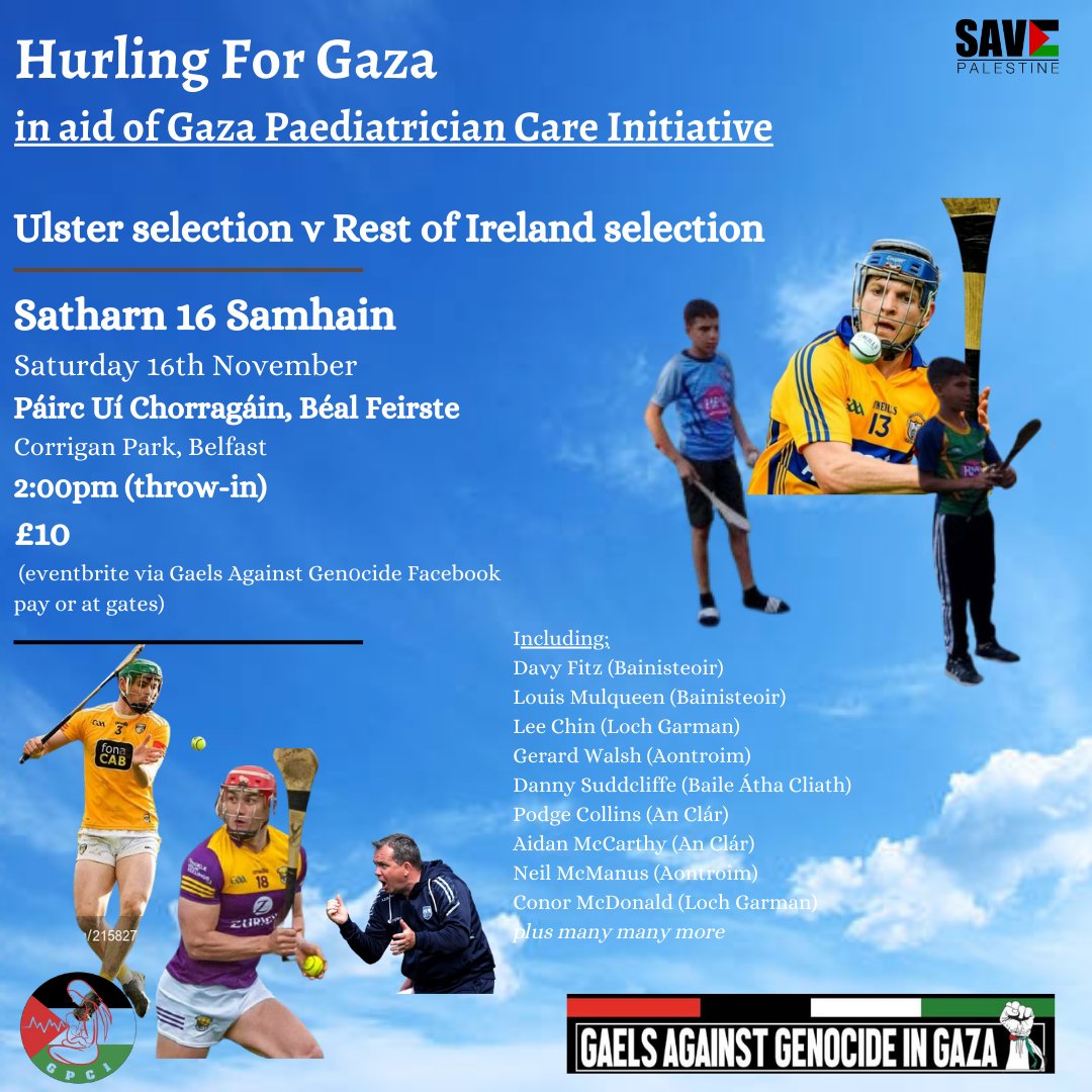 Gaels against Genocide launch 'Hurling for Gaza' in partnership with Gaza Paediatrician Care Initiative. Support by purchasing tickets and donating below 
eventbrite.com/e/hurling-for-…