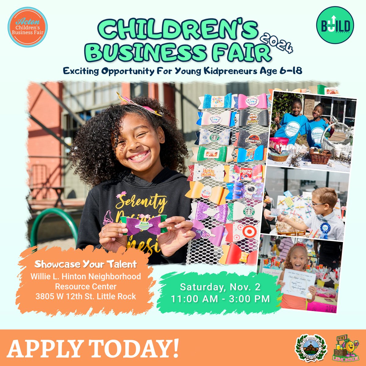lrbuildacademy's tweet photo. Join the BUILD Academy Children's Business Fair on Nov 2, 2024, from 11 AM-3 PM. Showcase your business, gain experience, and have fun! Get an event T-shirt, compete for prizes, and receive a certificate signed by Mayor Scott. Register now: https://t.co/bjo2QFoNyV https://t.co/dnQVBf0Wtg