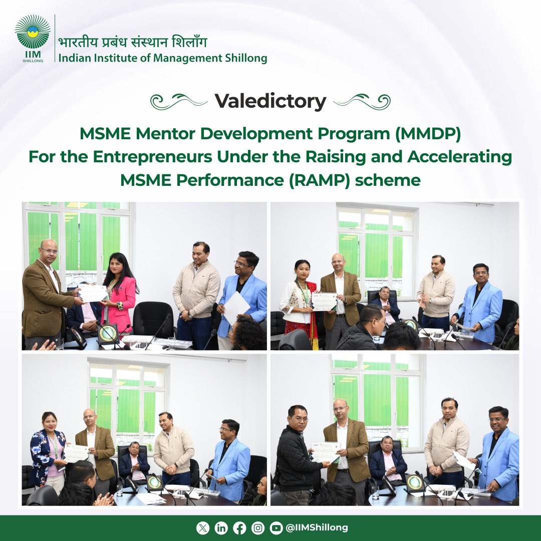 IIMShillong's tweet photo. .@minmsme Mentor Development Program for 50 entrepreneurs from October 23-26, 2024, focusing on Marketing Strategy, Financial Planning,Technology Adoption&amp; Project Management concluded with a valedictory session. Mr. Albert from @DoC_GoI Shillong shared insights on #MSMESchemes. https://t.co/f8NFT9yGwN
