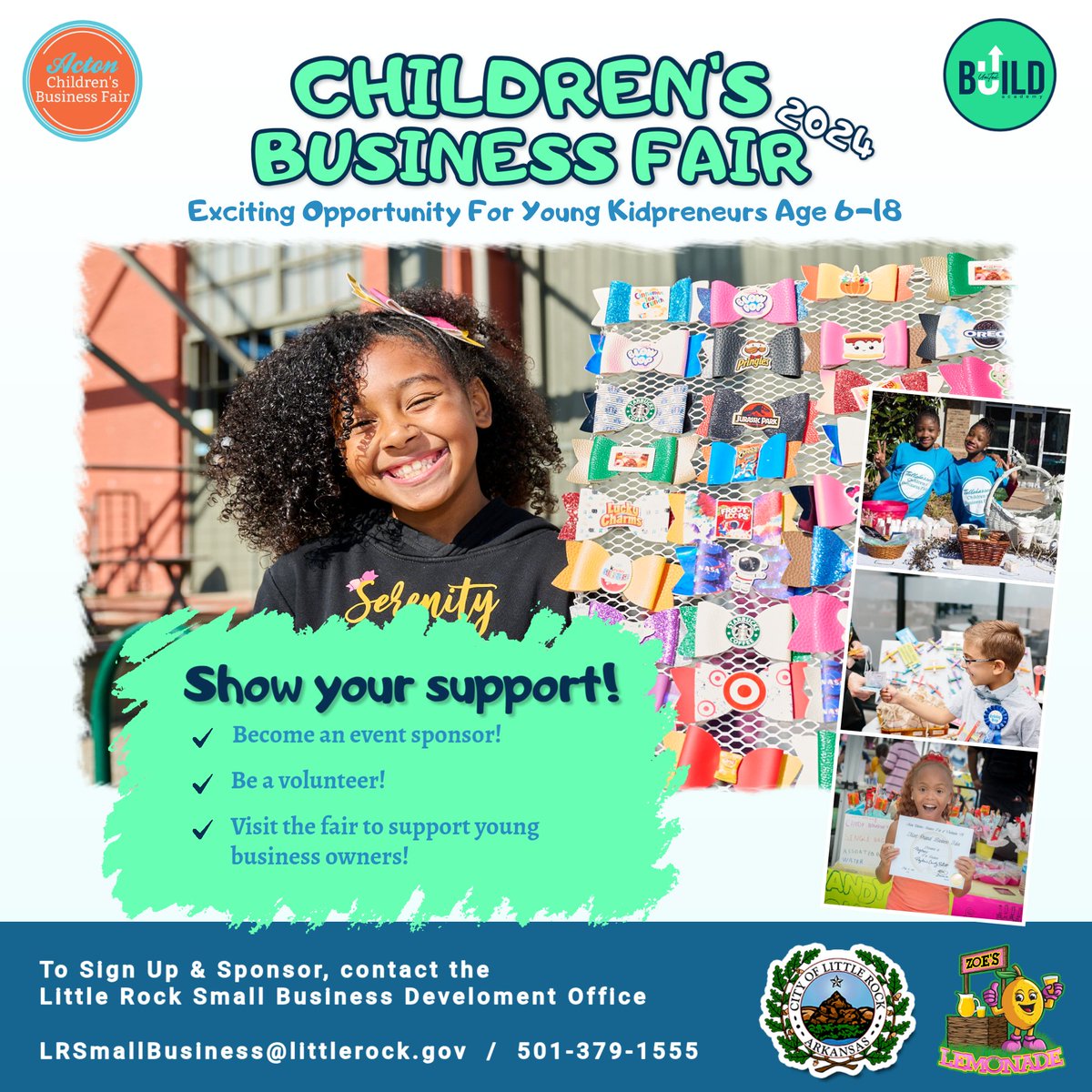 lrbuildacademy's tweet photo. Join the BUILD Academy Children's Business Fair on Nov 2, 2024, from 11 AM-3 PM. Showcase your business, gain experience, and have fun! Get an event T-shirt, compete for prizes, and receive a certificate signed by Mayor Scott. Register now: https://t.co/bjo2QFoNyV https://t.co/dnQVBf0Wtg