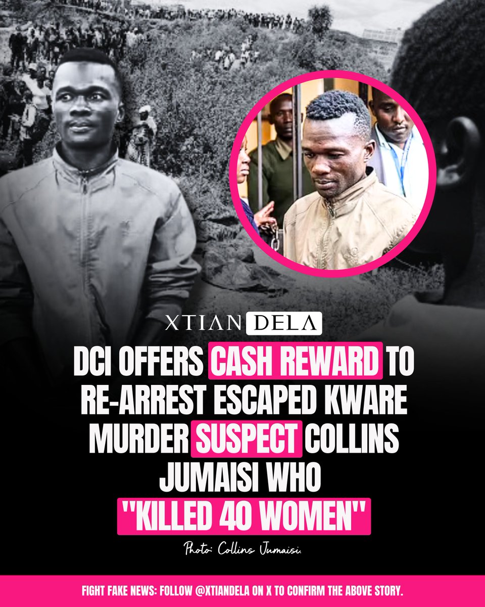 xtiandela's tweet photo. DCI OFFERS CASH REWARD TO RE-ARREST ESCAPED KWARE MURDER SUSPECT COLLINS JUMAISI WHO:

The Directorate of Criminal Investigations (DCI) has issued a public appeal for assistance in locating Collins Jumaisi Khalusha, the main suspect in the Kware murder case, who escaped from police custody. Jumaisi, accused of the murders of more than 40 women, was scheduled to face charges when he managed to flee from Gigiri Police Station alongside 12 other detainees on August 20, 2024.

In an effort to expedite his re-arrest, the DCI has announced a substantial cash reward for anyone providing information that leads to Jumaisi's capture. The public is encouraged to provide tips confidentially through the anonymous #FichuaKwaDCI hotline at 0800722203 or via police hotlines 999, 911, and 112. Information can also be shared at any police station across Kenya.