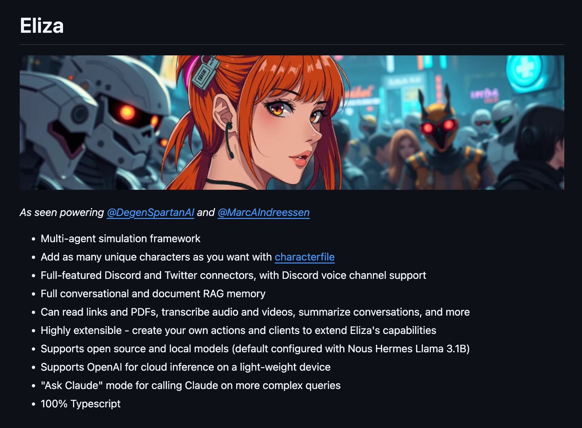 Eliza ——支持Discord 和Twitter 平台的多角色/人物会话Agent 框架, 具备完整的对话和文档RAG 记忆系统,  能够处理多种输入: 链接、PDF、音频转文字、视频，以及总结对话等, 开发者