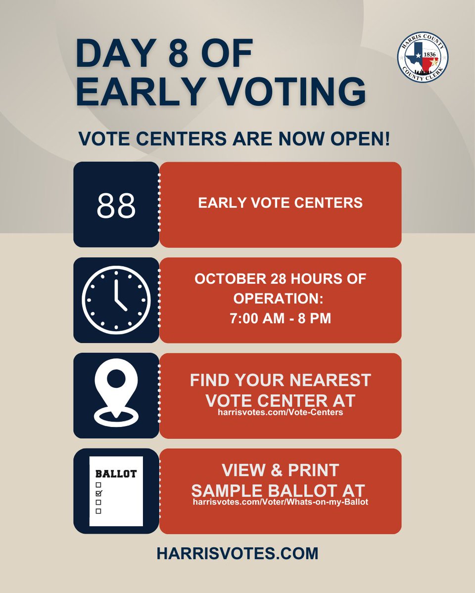Day 8 of Early Voting! 🗳️

Reminder: Vote centers are open until 8 PM TODAY! ⏰ 

Vote now, know how at harrisvotes.com. #harrisvotes #earnyoursticker #votenowknowhow