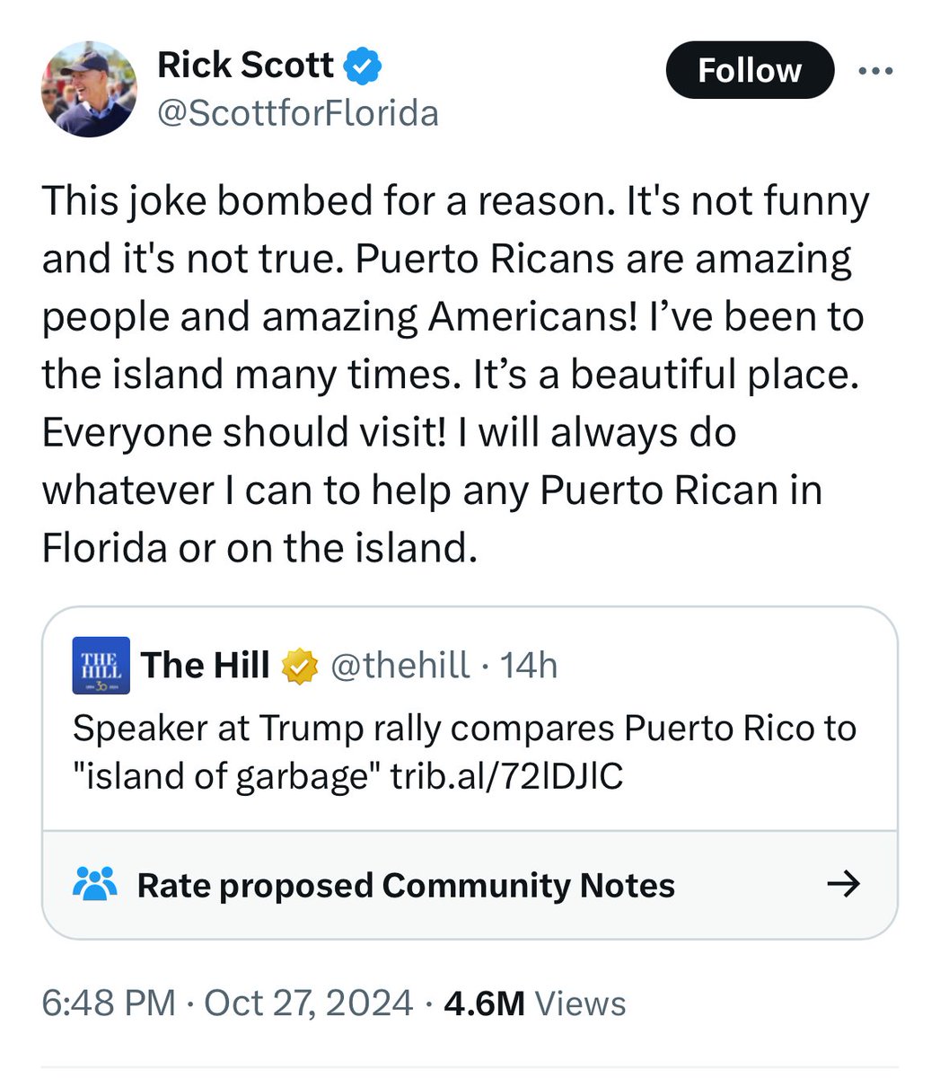 tracewoodgrains's tweet photo. The joke rightly bombed, but the reason is much more interesting than “you can’t call Puerto Rico an island of garbage because it’s amazing.” The joke bombed because the audience doesn’t have a secure enough relationship with Puerto Rico to joke about it like that.

There���s a certain sort of edgy humor you could call the “older brother” joke. You know the sort: you call your brother a moron, but if anyone else does, they can meet you behind the schoolhouse. Call it negging, call it mean-funny, call it what you like—the key is that it’s rooted both in genuine affection and not in any real insecurity. How does that saying go? Women socialize by complimenting each other and not meaning it, men by insulting each other and not meaning it. Every healthy male friend group I’m in is peppered with both a constant stream of joking insults and with sincere mutual affection.

There’s a great moment in Succession when one of the characters, invited to talk degradingly to her husband in pillow talk, tells him “I’m too good for you. That’s why you love me, even though I don’t love you. But you want me anyway.” And she tries to pass it off as a joke and she tries to recover from it, but on some level both of them know she actually feels that way and it ruins them.

Puerto Rico and other US territories are sort of niggling awkward questions for the US. People from the Northern Mariana Islands are citizens and can vote, but how many Americans think of Saipan on a regular basis? How many of them feel in their bones that it’s The Same As Them? 

I haven’t been to Puerto Rico, but I did stop over in Saipan for a few days. And it was beautiful and it was fun and it was great and I’d love to go back sometime, and it was also clearly and palpably at a different stage of development to that of US states.

The richest US territory, per capita, has a lower GDP than the poorest state. People in the territories are US citizens, but they live far away from the empire heartland and nobody quite has a serious plan for their incorporation as states, nobody’s quite sure what to do with them—remnants, as they are, of a different era. 

That can and should change. We should be thrilled to have the territories as part of America, and we should not flinch at incorporating more territories as appropriate, if more areas want to be incorporated. But it creates a hint of status insecurity—of uncertainty. You can say Puerto Ricans are amazing, and it’s true! If Puerto Rico and the US—and in particular, the Republican Party—had a secure, fully mutually confident and healthy understanding of their relationship, you could rib them on the political stage and everyone could have a good time.

But they don’t, and so instead the joke landed a bit more like the accidentally honest moment in Succession: 

That was a joke, right? You didn’t mean that, right? You don’t actually think they’re a garbage patch, when you think about them at all? You like and respect and care about them, not only as a throwaway line when you want their vote…

right?
