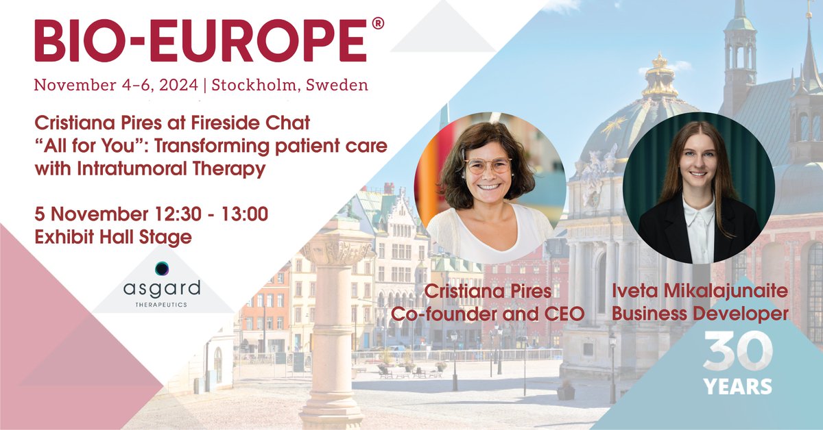Asgard Therapeutics (@asgardthx) on Twitter photo 🌍 Join <a href="/AsgardThx/">Asgard Therapeutics</a> at #BIOEUROPE2024 in Stockholm, Nov 4-6!
🗣️ Fireside Chat with CEO <a href="/_CristianaPires/">Cristiana Pires</a>
Topic: "All for You": Transforming patient care with Intratumoral Therapy
📅 Nov 5 | 🕒 12:30-13:00 | 📍 Exhibit Hall Stage
Meet the Asgard team! 🌍 Join <a href="/AsgardThx/">Asgard Therapeutics</a> at #BIOEUROPE2024 in Stockholm, Nov 4-6!
🗣️ Fireside Chat with CEO <a href="/_CristianaPires/">Cristiana Pires</a>
Topic: "All for You": Transforming patient care with Intratumoral Therapy
📅 Nov 5 | 🕒 12:30-13:00 | 📍 Exhibit Hall Stage
Meet the Asgard team!