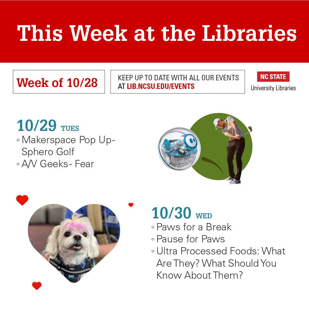 ncsulibraries's tweet photo. EVENTS &amp; WORKSHOPS this week! The AV Geeks explore Fear, and we look at ultra-processed foods. Learn about IRB and publishing. See you at the Libraries! https://t.co/ExMeQspWjB