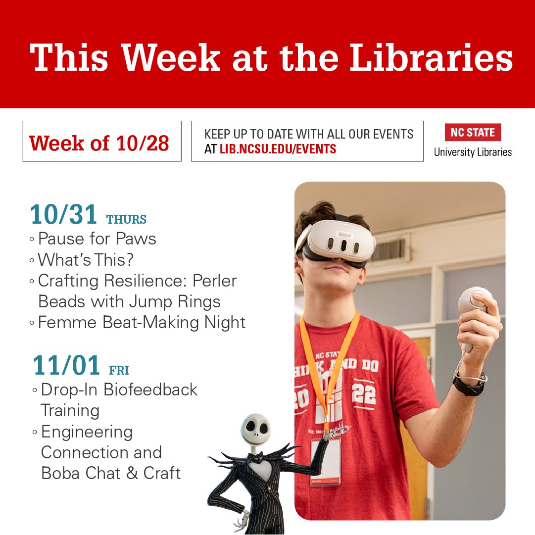ncsulibraries's tweet photo. EVENTS &amp; WORKSHOPS this week! The AV Geeks explore Fear, and we look at ultra-processed foods. Learn about IRB and publishing. See you at the Libraries! https://t.co/ExMeQspWjB