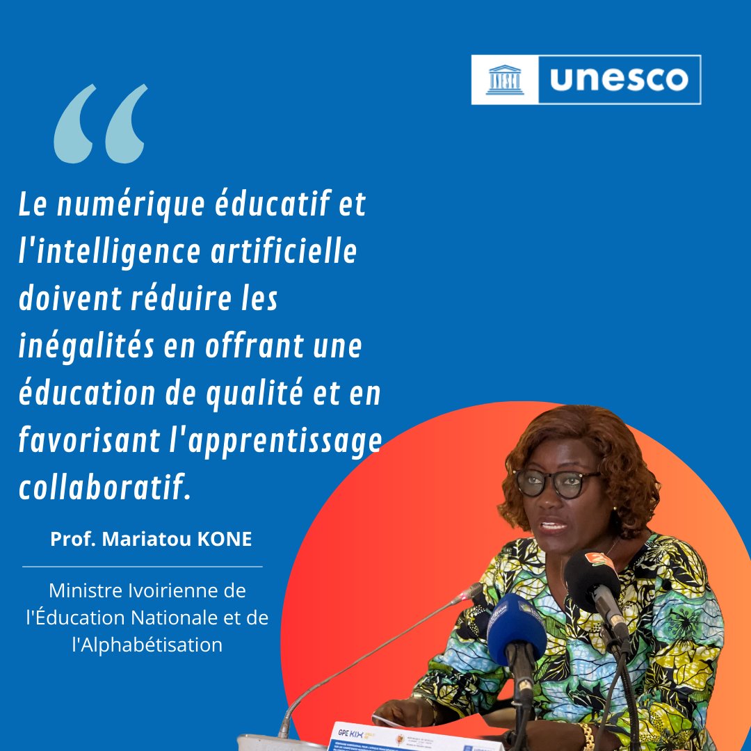 UNESCO_Dakar's tweet photo. "Le numérique éducatif et l'#IntelligenceArtificielle doivent réduire les inégalités en offrant une #Education de qualité et en favorisant l'apprentissage collaboratif." -@MariatouKONE1, Ministre de l’Education nationale et de l’Alphabétisation 🇨🇮

#EGENA https://t.co/IXE5KYCong