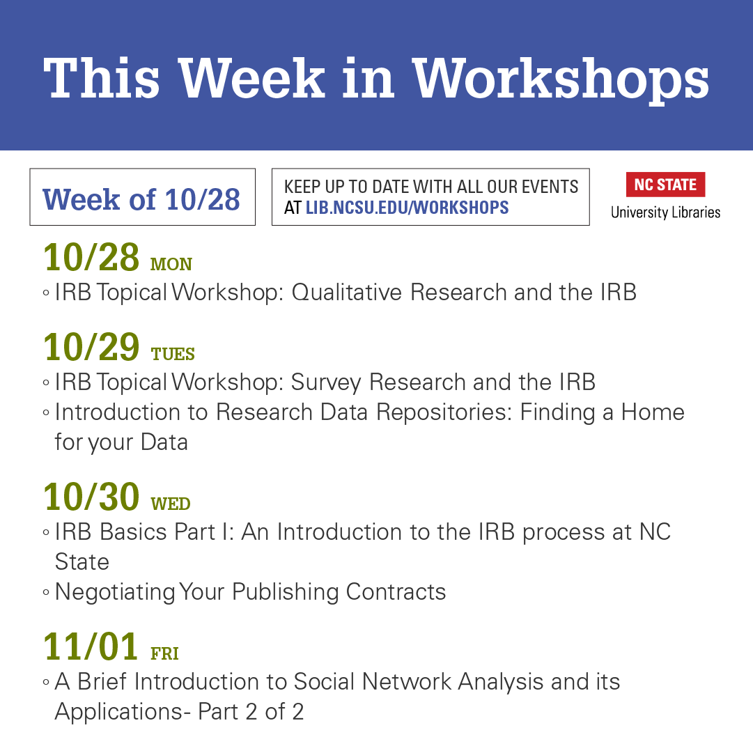 ncsulibraries's tweet photo. EVENTS &amp; WORKSHOPS this week! The AV Geeks explore Fear, and we look at ultra-processed foods. Learn about IRB and publishing. See you at the Libraries! https://t.co/ExMeQspWjB