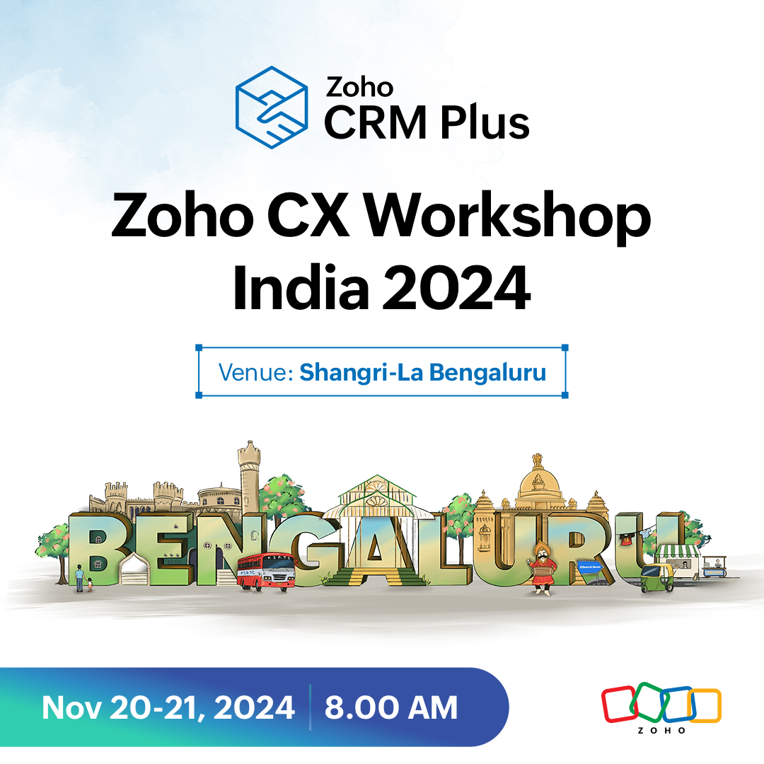 ZohoCRM's tweet photo. Bengaluru, are you ready to level up your CX game? 📈
Join us for our CX workshop where you'll experience:
✅Understanding Zoho CRM Plus,
✅Hands on training sessions and
✅Networking with fellow CX enthusiasts.
🔗 Reserve your spot now: https://t.co/ORlKhu8qwY https://t.co/M1LMQsKzkl