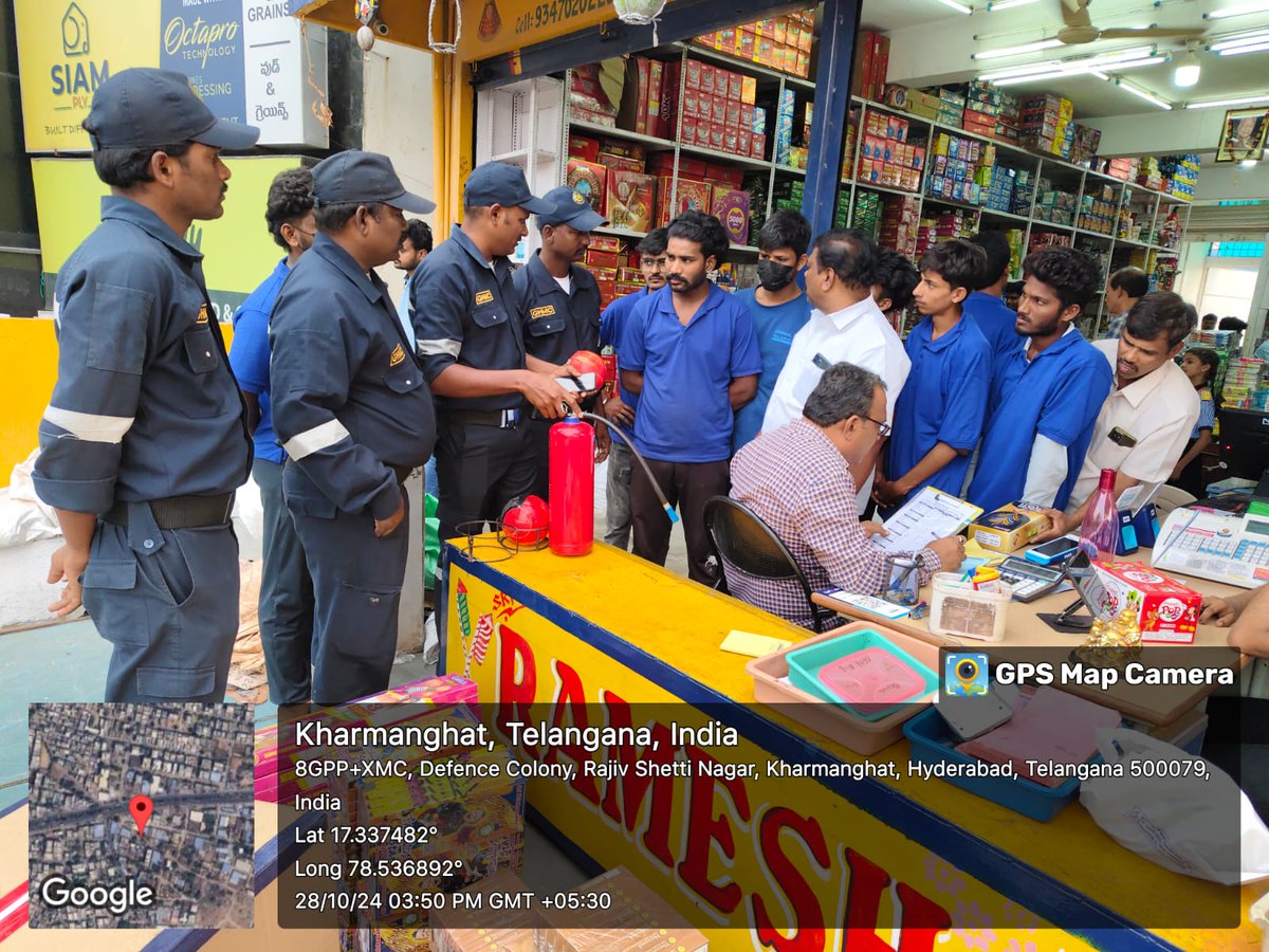 The Disaster Response Force (DRF) is educating firecracker shop owners and customers on safe handling and emergency responses. 
1. Safe Handling Tips
2. Using Fire Extinguishers
3. Emergency Escape Plans
<a href="/TelanganaCMO/">Telangana CMO</a> <a href="/PrlsecyMAUD/">Secretary MAUD.</a> <a href="/gadwalvijayainc/">Vijayalaxmi Gadwal, GHMC MAYOR</a> <a href="/GHMCOnline/">GHMC</a>
