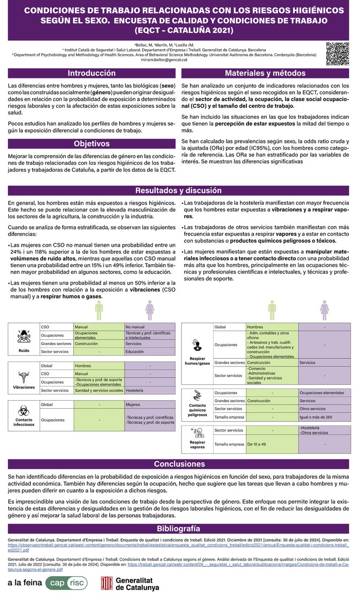 alafeinacaprisc's tweet photo. 📊Al III Simposio de Higiene Industrial a Santander, l' #ICCSL presenta el pòster "Condiciones de trabajo relacionadas con los riesgos higiénicos según el sexo. Encuesta de calidad y condiciones de trabajo (EQCT – Cataluña 2021)". #SSL https://t.co/jx0xIcw1dC