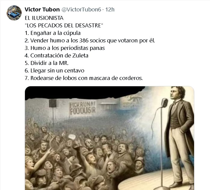 EL ILUSIONISTA
Directiva de futbolin
Aún están a tiempo de renunciar, acepten que su plan fue puro humo y que les quedó años luz la administración de mi equipo El Nacional.
Hinchas y socios con los ojos y oídos tapados, lo vengo diciendo desde cuando fue candidato Msr Humo.