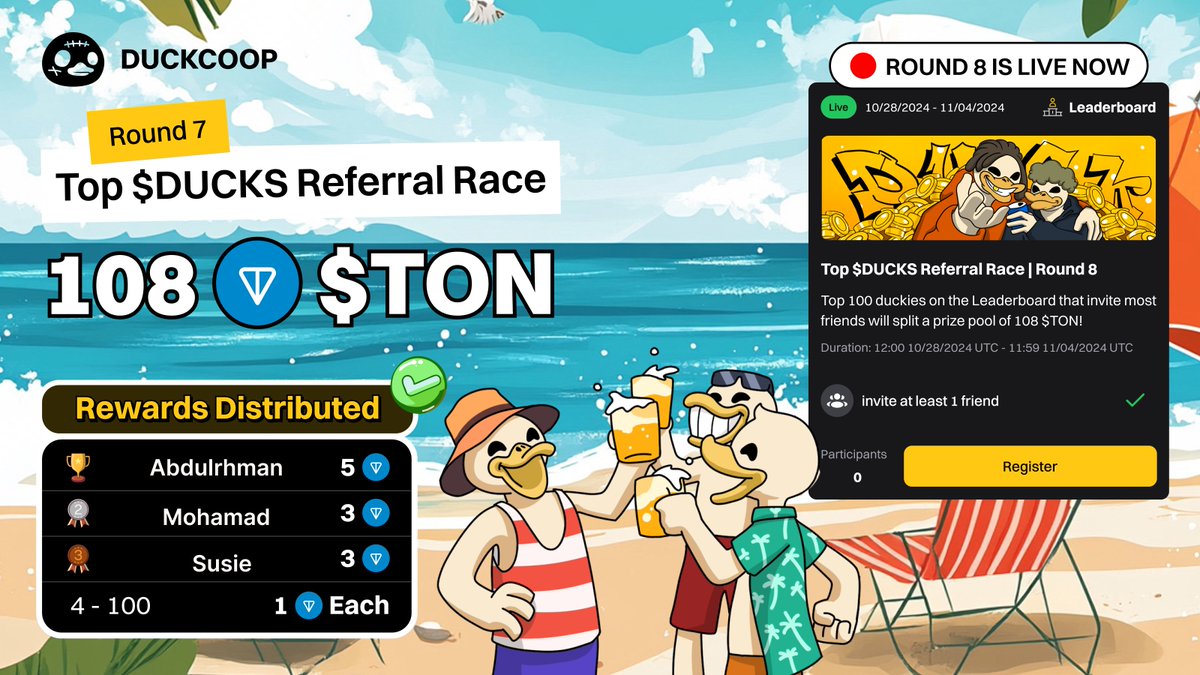 Ducks_realcoop's tweet photo. 🎁 Top $DUCKS Referral Race Round 7: 108 $TON Rewards Distributed 🏆

Huge shoutout to the duckies who ruled Round 7 of the Top $DUCKS Referral Race! 🦆

🥇 Abdulrhman gafer - 5 $TON
🥈 Mohamad - 3 $TON
🥉 Susie - 3 $TON

And for our stealthy duckies ranked 4-100 on the leaderboard, each of you is walking away with 1 $TON!💎

🔥 Top $DUCKS Referral Race Round 8 is already LIVE in the App now! ✅

🎁 Total Prize: 108 $TON 
🗓 Duration: 7 days (12:00 UTC, 28 Oct - 12:00 UTC, 04 Nov)
👉 Join now: https://t.co/djCKFJ0CIw