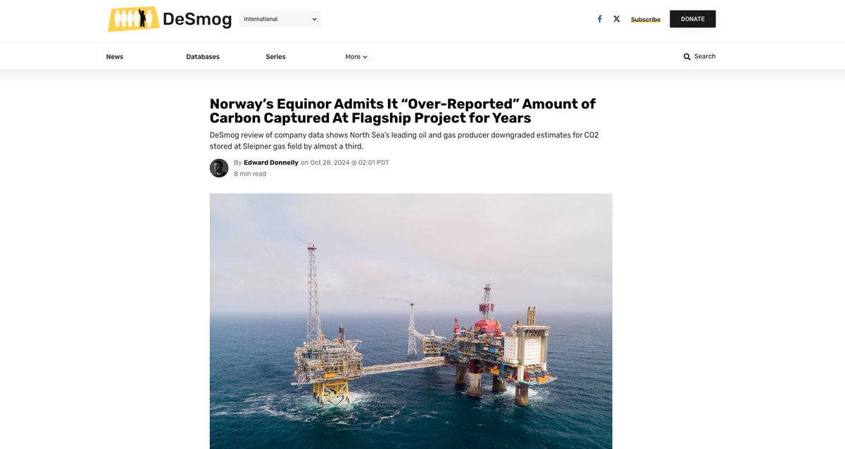 pascoesabido's tweet photo. BREAKING: Norwegian @Equinor has been over-reporting how much carbon was captured at its flagship project by almost 1/3rd, reveals @DeSmog
This was at the flagship #Sleipner project, often cited by #CCS advocates as a success story.
https://t.co/mV3dYKtH4W https://t.co/kkYBQExE5A