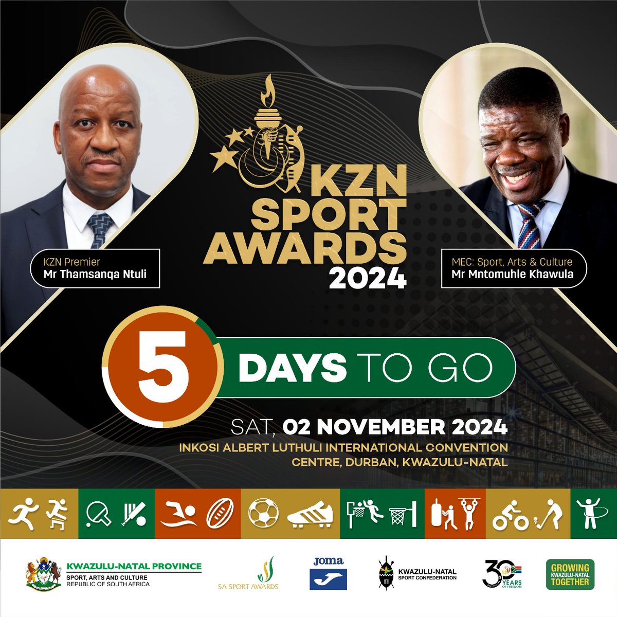 MEC Khawula will update the media on the state of readiness to host the Awards
ceremony as well as release the list of finalists for the 19 categories of the Awards.
The KZN Sport Awards ceremony will be held on Saturday 02 Novemberkznsportsawards2024 #30yearsofsportingexcellence