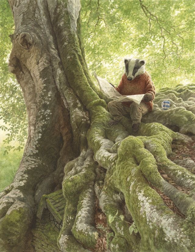 A well informed badger is a must in the animal community and it looks like this chap is the one who is the ‘go to’  for news of ‘woodland gossip’ 
Chris Dunn illustrations. Loved by children and adults.   Splendid work.