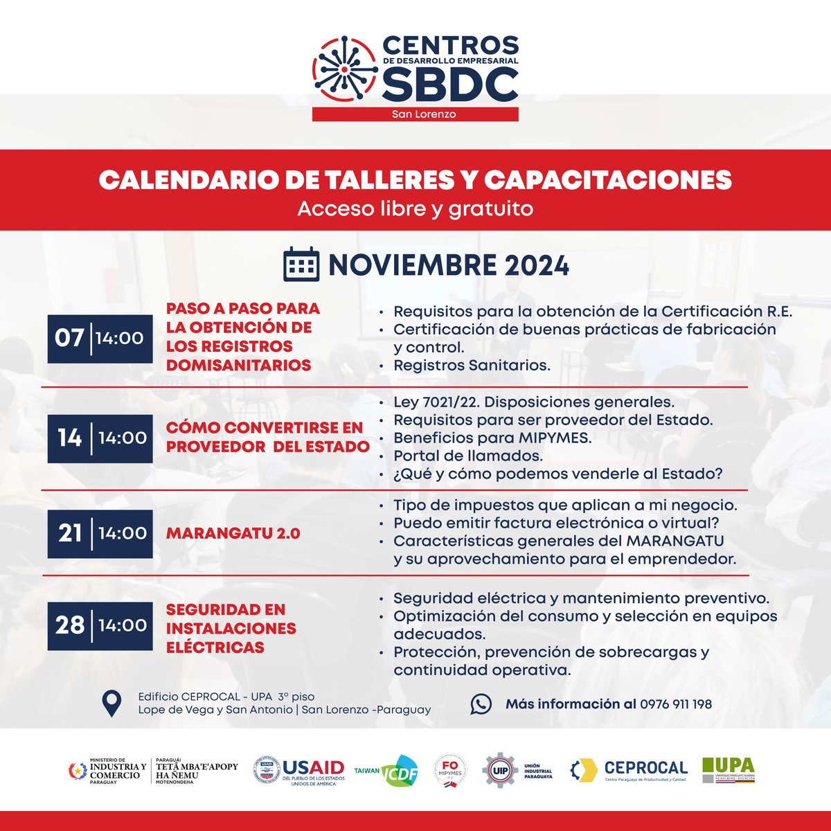 UIP_py's tweet photo. #AgendadeTalleres #SBDCSanLorenzo
📌No te pierdas estas capacitaciones diseñadas para impulsarte hacia el crecimiento y el logro de tus objetivos
📱 Para más info, comunicate al (0976) 911 198
#UIP #MIC #SBDC #Usaid #ICDF #Fomipymes #Ceprocal #UPA https://t.co/gC7VQOd8Kn