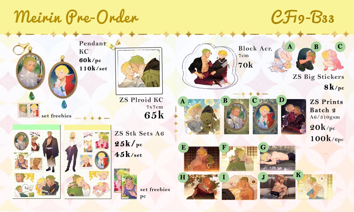 Ameirinzosan's tweet photo. [ RT and ♥️ pls ]
Hello! I'm opening PO and giveaway for CF🎉. Group orders are welcome. Every purchase comes with freebies✨
To enter
  ⟡ Like, rt, &amp; comment which merch you want
  ⟡ Local GA &amp; PO close Nov 5th

More info below
#CF19 #cf19catalogue #onepiece #ORV #ALST https://t.co/tq39igSXLc