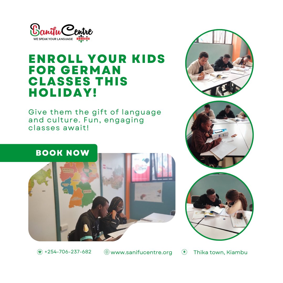 SanifuCentre's tweet image. Give your kids the gift of language this holiday! 🇩🇪 Enroll them in our fun, interactive German classes at Sanifu Centre! They’ll boost communication skills, learn German culture, and make new friends! Limited spots available! Sign Up Today
#GermanClasses #EnrollNow #sanifucentre