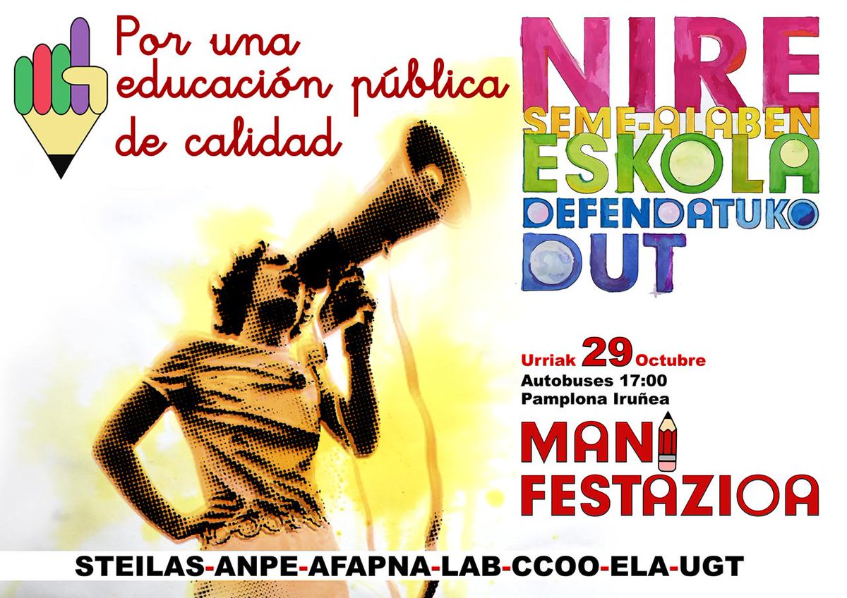 Bihar (urriak 29) bertze greba egun batera deituak dira Nafarroa Garaiko hezkuntza publiko ez unibertsitarioko irakasleak, lan baldintza hobeen alde.

RATIOAK  ⬇️  RATIOS
SOLDATAK  ⬆️ SUELDOS
EGONKORTASUNA ➕ ESTABILIDAD
GAINKARGA 🚫 SOBRECARGA

#IrakasleenTxandaDa
#AhoraDocentes