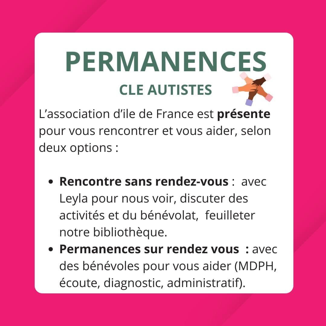📍Permanences de CLE Autistes Ile-de-France

♾Point de contact sur site en présentiel. Au-support pour les personnes autistes et tout public neurodivergent, en présentiel et en visio- conférence. 

Les lundis et jeudis

Détails et prise de RDV 
asso.cle-autistes.fr/contact/