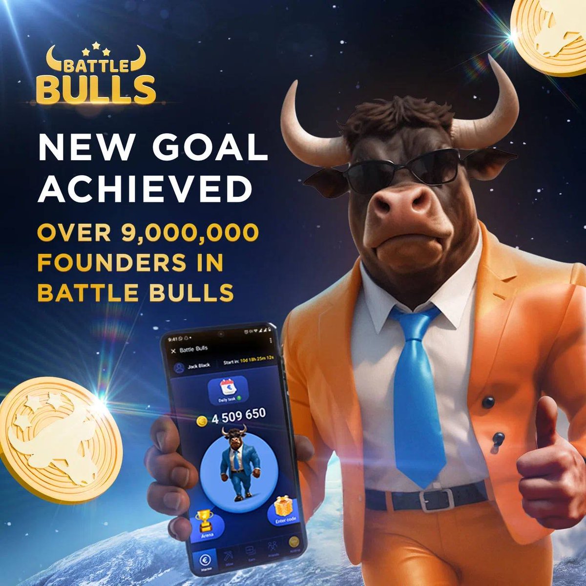 ⚡️ CELEBRATING A NEW VICTORY:
MORE THAN 9 000 000 FOUNDERS IN BATTLE BULLS 

🟧Founders, TOGETHER we keep growing EVERY DAY! The number of players in BATTLE BULLS HAS SURPASSED 9,000,000! Keep it up, founders! 🔥

🟧We thank EACH founder who ACHIEVES new goals DAILY and GROWS
