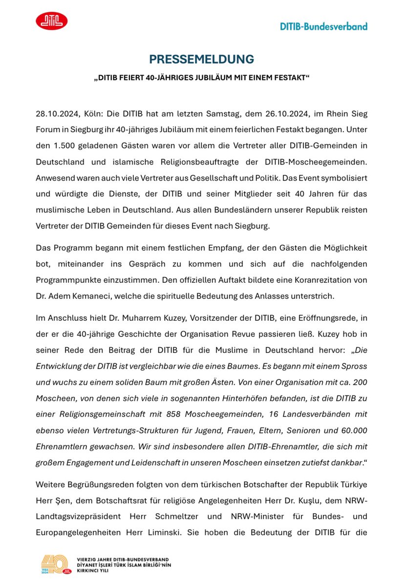 DITIBkoln's tweet photo. PRESSEMELDUNG

„DITIB feiert 40-jähriges Jubiläum mit einem Festakt“ https://t.co/2dsQ3BZN0T