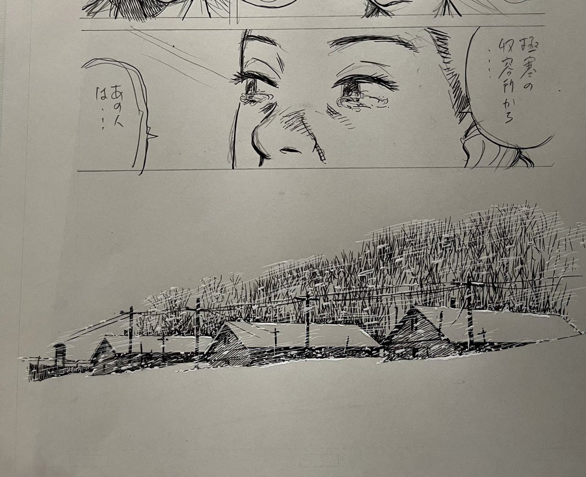 urasawa_naoki's tweet image. 「あさドラ！」65話が掲載のビッグコミックスピリッツ48号は本日発売！
この原稿を写した写真は、吹雪を表現するために描き加えたホワイトインクの様子が光の具合でよくわかりますね。印刷や電子版ではわかりにくいですが、こうして描きました。
#あさドラ　#スピリッツ　#浦沢直樹