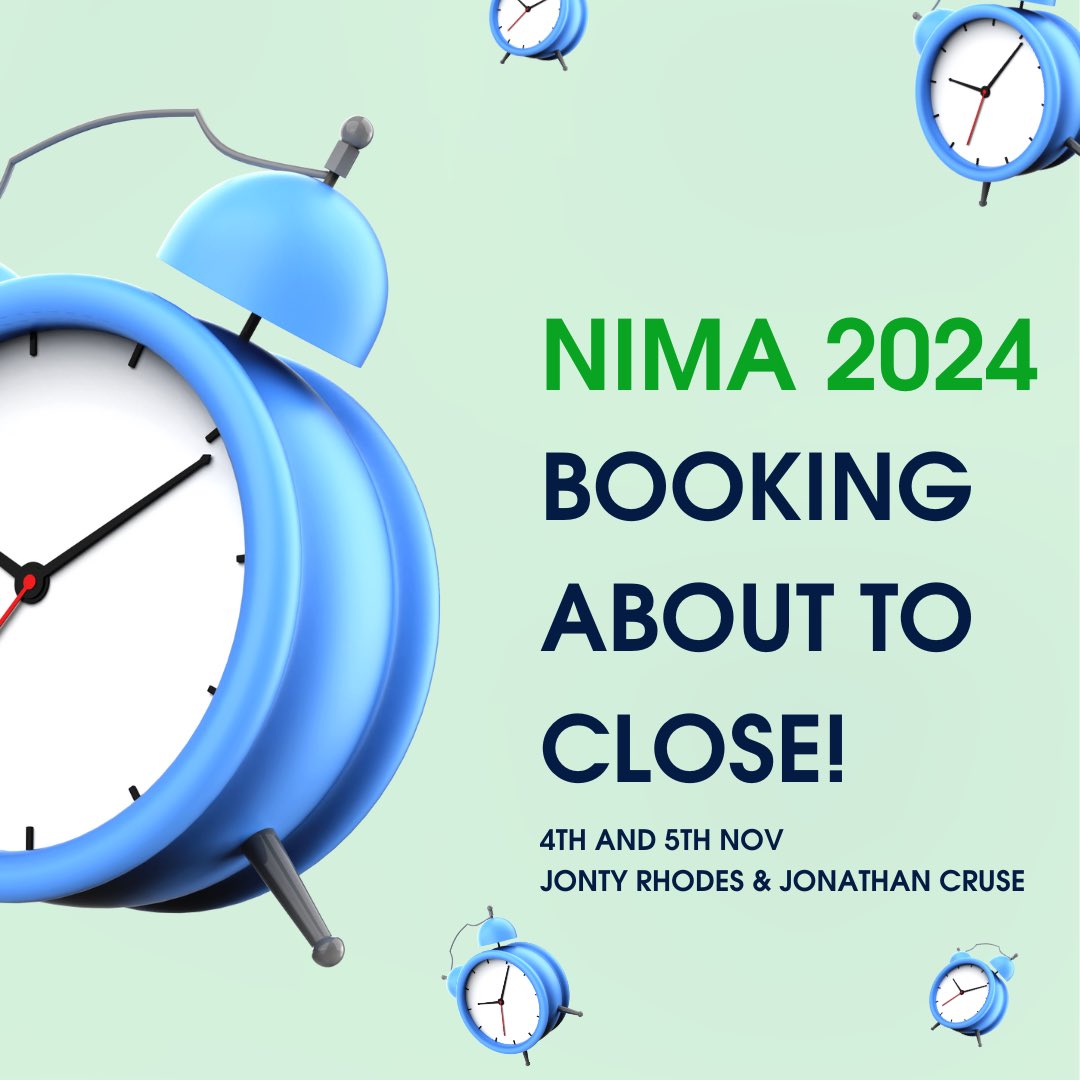Today is your last chance to secure a ticket for NIMA next week. Booking closes at midnight tonight (Monday). 

Get your ticket whilst you can! 

nima.yapsody.com/event/index/79…

Mon 4th &amp; Tues 5th November 
Jonty Rhodes 
Jonathan Landry Cruse 
Haggai &amp; Malachi 
Maze Presbyterian