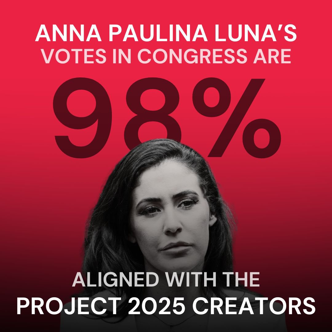 whitfox's tweet image. 98%. That’s how often Luna votes with the creators of Project 2025 - the group pushing for a national abortion ban and massive cuts to Social Security and Medicare.

If she’s reelected, their agenda becomes our reality. 

#OutFoxLuna #Vote #StopProject2025