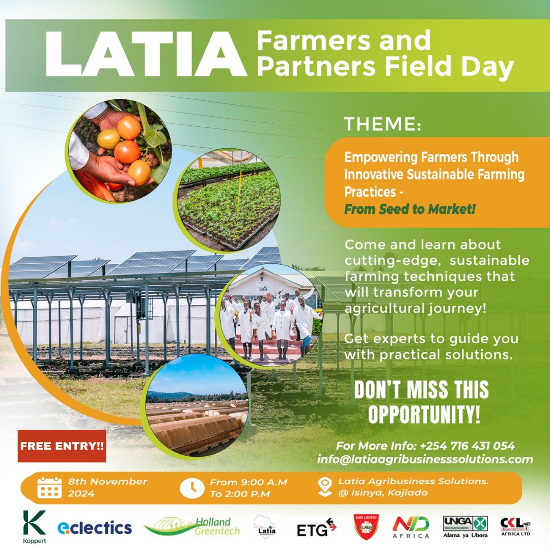 Farmers, sustainability is the future! Join us on Nov 8, 2024, for the Latia Farmers &amp; Partners Field Day at Latia, Isinya. Gain tools, insights &amp; hands-on demos to boost yields &amp; build climate-resilient farms. Meet agri-experts &amp; discover solutions for pests, soil health &amp; more