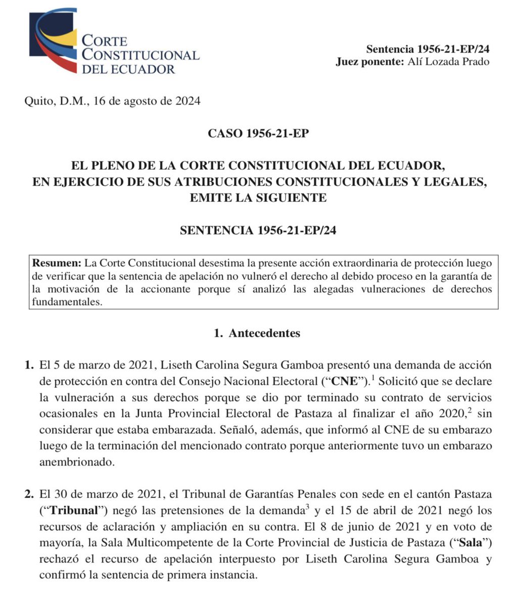 🔵Caso de despido de mujer embarazada que no vulneró derechos

🔹En el 2021 la Sra. Segura presentó una acción de protección en contra del Consejo Nacional Electoral (CNE). 

🔹Según la accionante, el CNE dio por terminado su contrato de servicios ocasionales sin considerar que