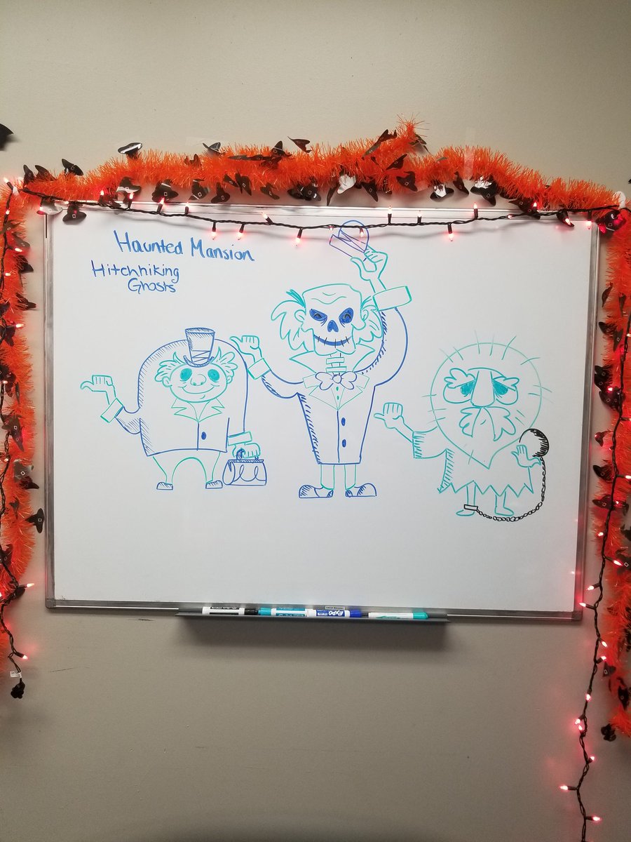 Today's drawing are the hitchhiking ghosts from The Haunted Mansion!
It's the last week of October and every day leading up to Halloween, I am dressing up in spooky, halloween getup! Todays theme is ghosts!

#whiteboardart