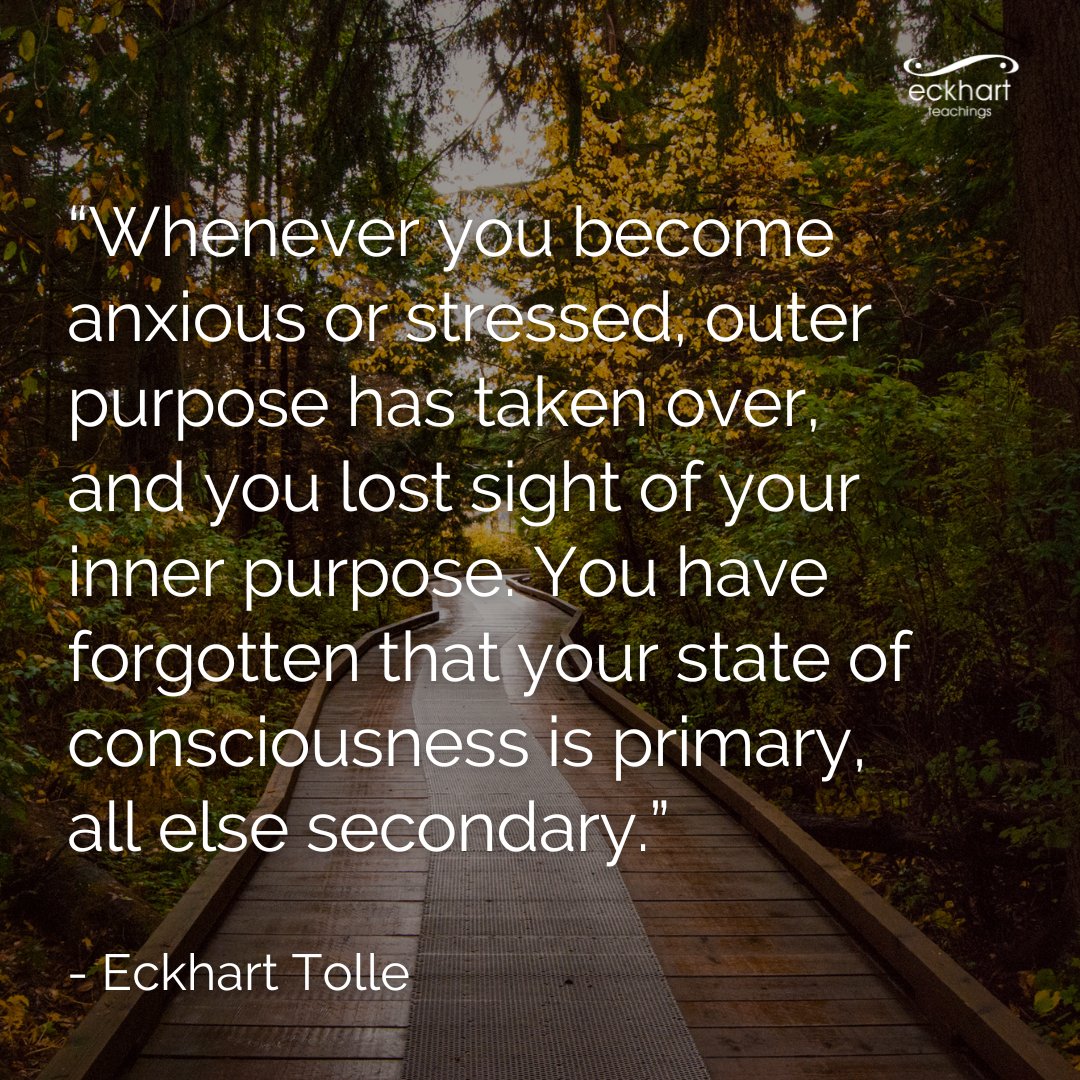 “Whenever you become anxious or stressed, outer purpose has taken over, and you lost sight of your inner purpose. You have forgotten that your state of consciousness is primary, all else secondary.” - Eckhart Tolle