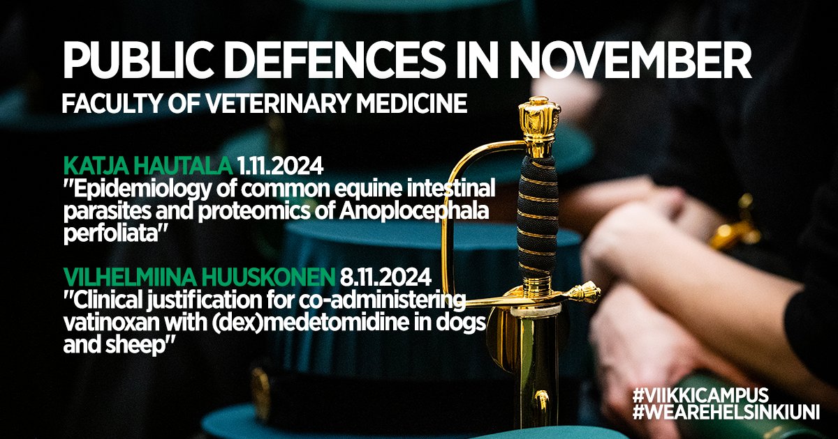 Onnea eläinlääketieteellisen tiedekunnan marraskuun väittelijöille! 🌹 

Katso kaikki väitökset <a href="/helsinkiuni/">University of Helsinki</a> tapahtumakalenterista: helsinki.fi/fi/ajankohtais…

#WeAreHelsinkiUni #viikinkampus #eltdk <a href="/KatjaHautala/">Katja Hautala</a>