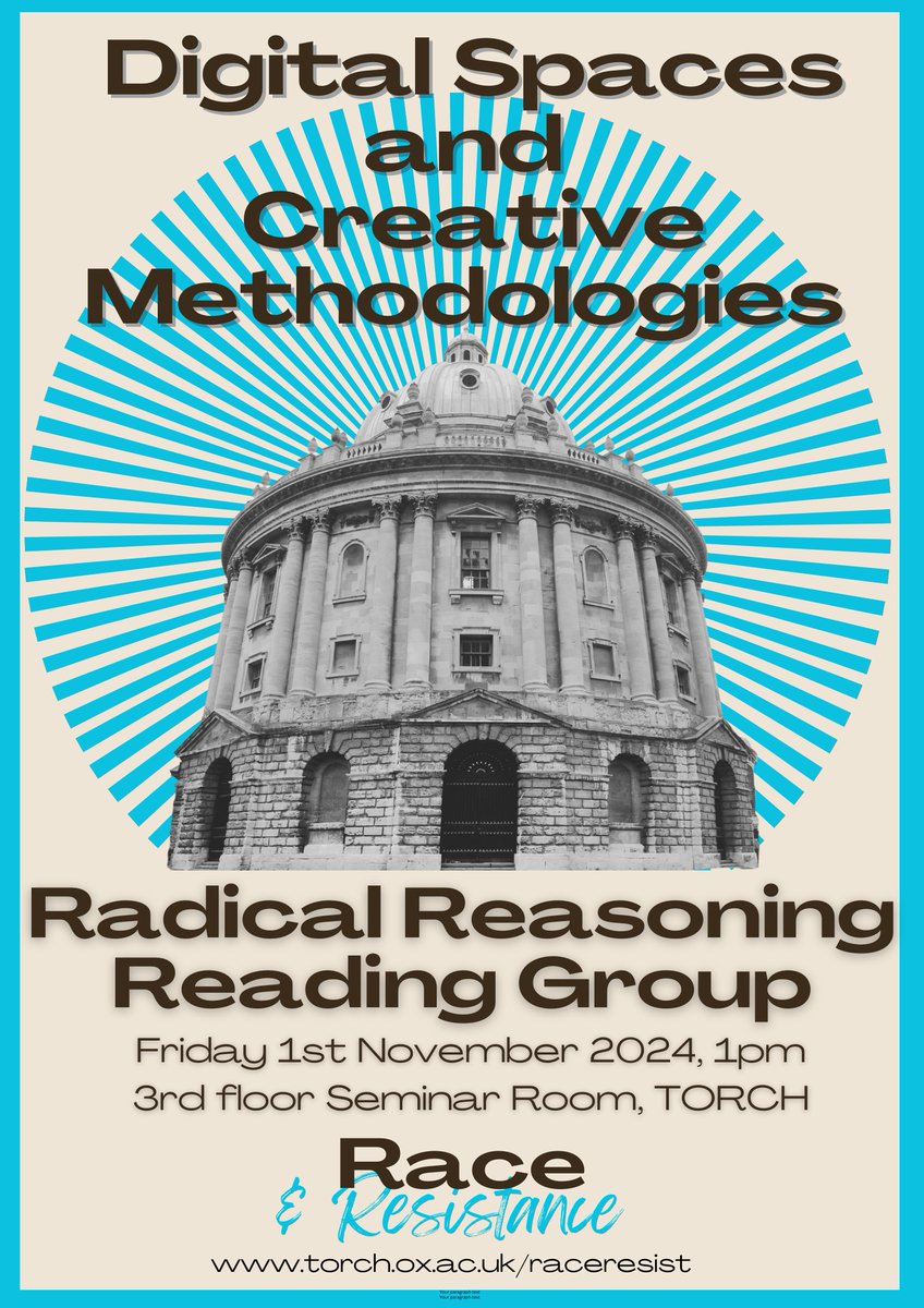 Race and Resistance (@race_resistance) on Twitter photo Join us this Friday for our reading group, where we shall discuss texts that relate to digital spaces, creative methodologies, and intersectionality. All welcome!
Digital Spaces and Creative Methodologies Reading Group
📅1st November, 1pm
📍TORCH
<a href="/TORCHOxford/">TORCH Oxford</a> Join us this Friday for our reading group, where we shall discuss texts that relate to digital spaces, creative methodologies, and intersectionality. All welcome!
Digital Spaces and Creative Methodologies Reading Group
📅1st November, 1pm
📍TORCH
<a href="/TORCHOxford/">TORCH Oxford</a>