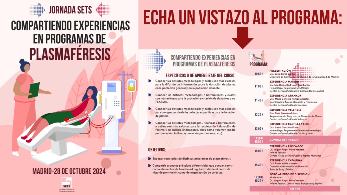 GVAdonasang's tweet photo. La Dra. Rosa Guerrero, responsable del programa de donación de plasma de @GVAdonasang,  participa en las Jornadas  𝐂𝐨𝐦𝐩𝐚𝐫𝐭𝐢𝐞𝐧𝐝𝐨 𝐄𝐱𝐩𝐞𝐫𝐢𝐞𝐧𝐜𝐢𝐚𝐬 𝐞𝐧 𝐩𝐫𝐨𝐠𝐫𝐚𝐦𝐚𝐬 𝐝𝐞 #Plasmaféresis organizadas por la @SETS_es https://t.co/YJpRowHYeH