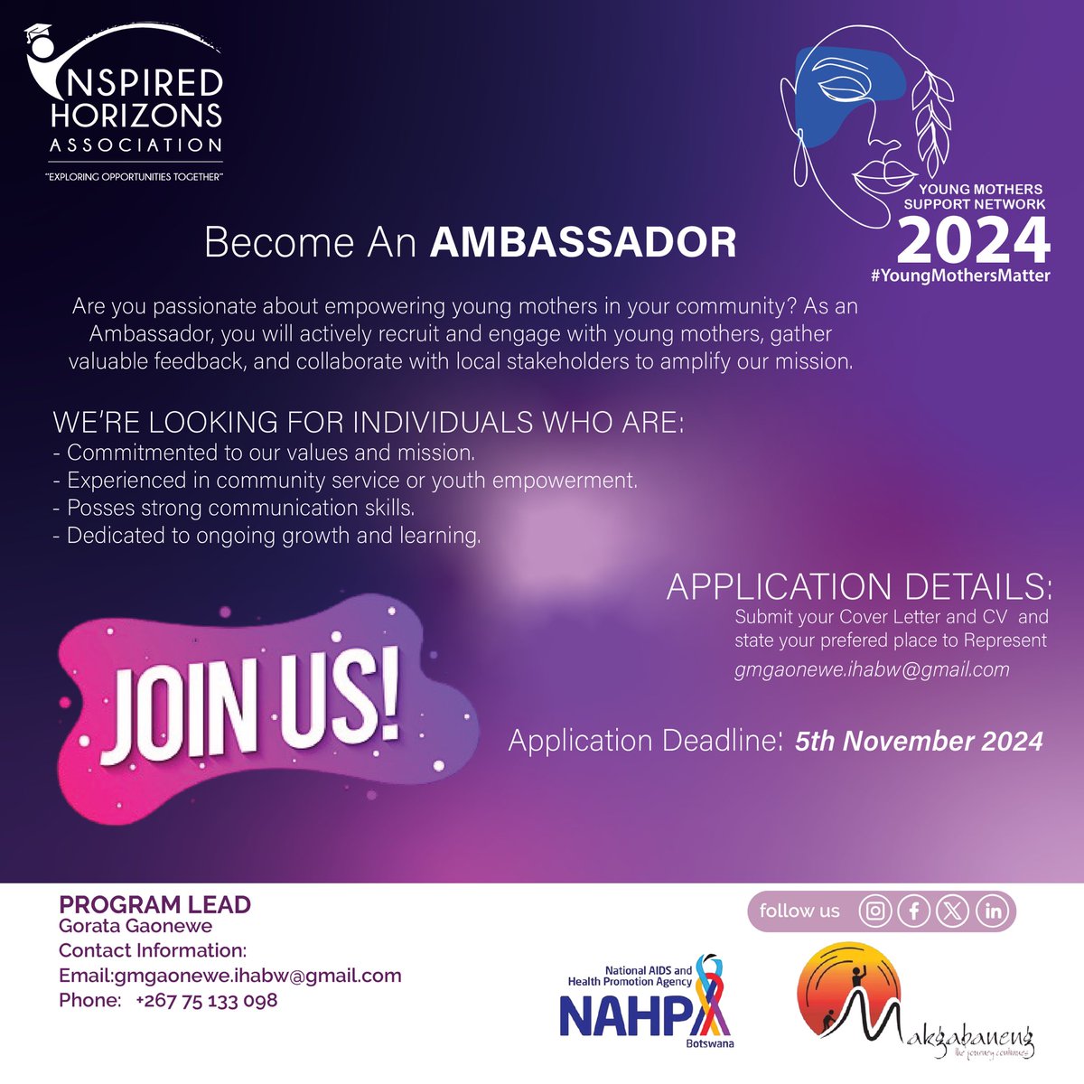 YOUNG MOTHERS SUPPORT NETWORK IS GROWING!

Would you like to be an Ambassador in your own community? Are you passionate about empowering young mothers to become successful leaders of value in the community? Then volunteer with us today!
You can apply from anywhere in the country.