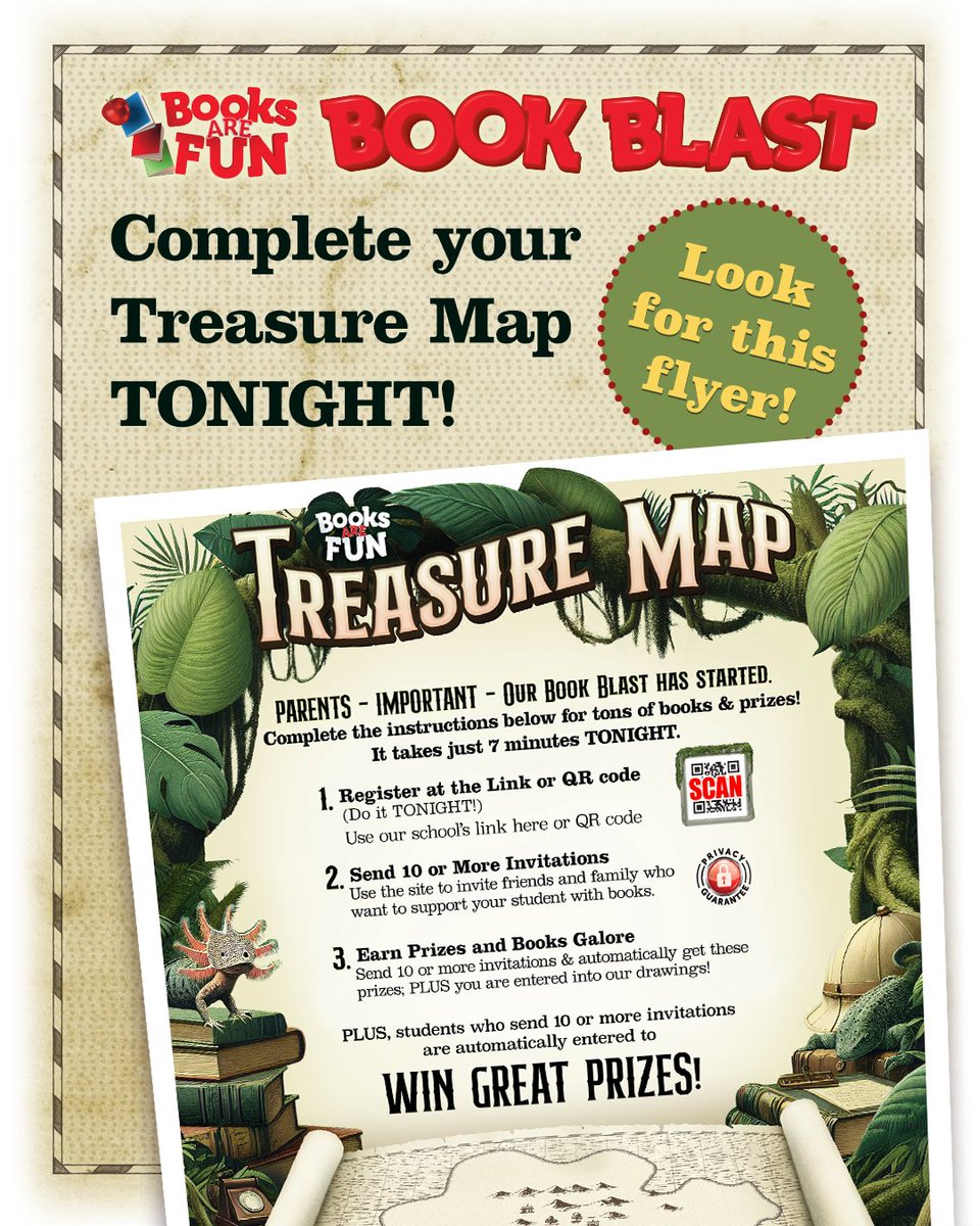 WhiteOakSchool's tweet photo. Book Blast begins today! All you have to do is invite 10+ friends and family members to earn some awesome prizes and a chance to win one of our Treasure Chests or an Epic Treasure Chest! Visit https://t.co/UBcYDL3xYF and unlock treasure. It takes just 7 minutes TONIGHT. https://t.co/mKKfT9tK5e