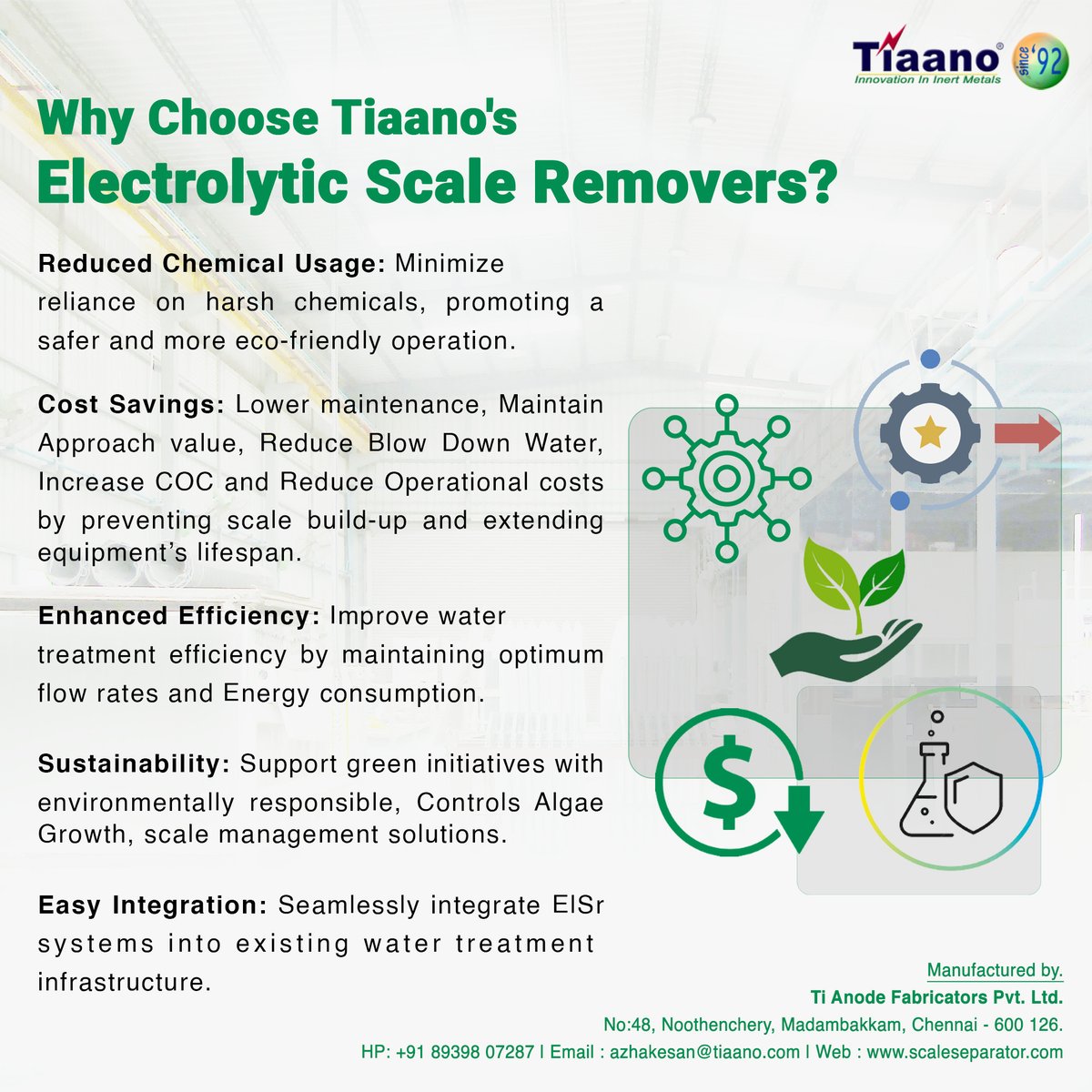 scale_seperator's tweet image. Enhance your water treatment operations with Tiaano’s Electrolytic Scale Removers (EISr). 🌊
#WaterTreatment #Sustainability #ScaleManagement #EcoFriendly #TiaanoInnovation #WaterEfficiency #GreenTechnology #IndustrialSolutions