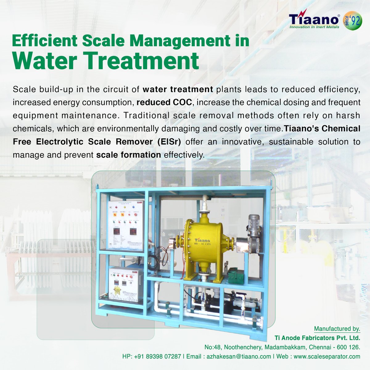 scale_seperator's tweet image. Enhance your water treatment operations with Tiaano’s Electrolytic Scale Removers (EISr). 🌊
#WaterTreatment #Sustainability #ScaleManagement #EcoFriendly #TiaanoInnovation #WaterEfficiency #GreenTechnology #IndustrialSolutions
