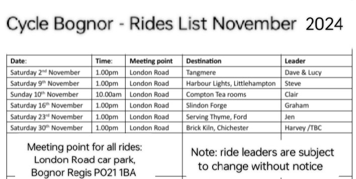 cyclebognor's tweet image. November's rides schedule.
Our rides are open to all, no pre-booking required, just turn up on the day.
For more detailed information, follow us on Facebook!