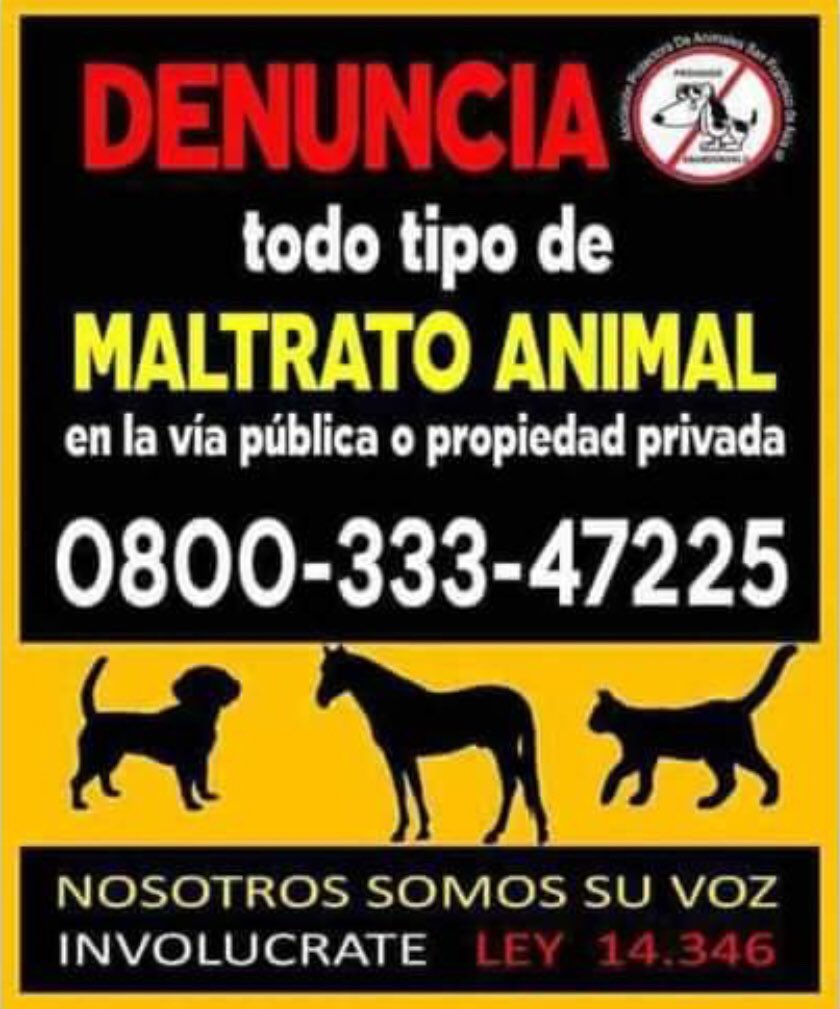 MALTRATO ANIMAL!!  DENUNCIA!! NO TE CALLES!! PIERDEN EL INTERES EN ANIMALES Y SIGUEN TUS HIJOS, VOS O UN ABUELO!! Ufema@fiscalia.gob.ar  denuncias@fiscalias.gob.ar 
Se adjunta dirección del maltratador y fotos/filmaciones/audios. Datos del denunciante y si hay, datos de testigos.
