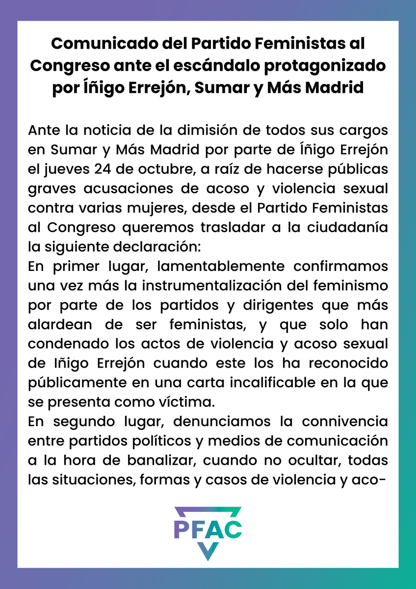feministas_cong's tweet photo. Comunicado del Partido Feministas al Congreso ante el escándalo protagonizado por Íñigo Errejón, Sumar y Más Madrid https://t.co/uTJdWtKhTa
